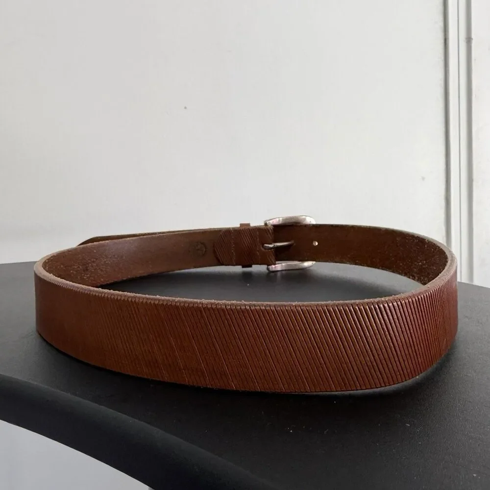 Torino Men’s Brown Genuine Leather Belt Size 32 Embossed Stripe Silver Buckle